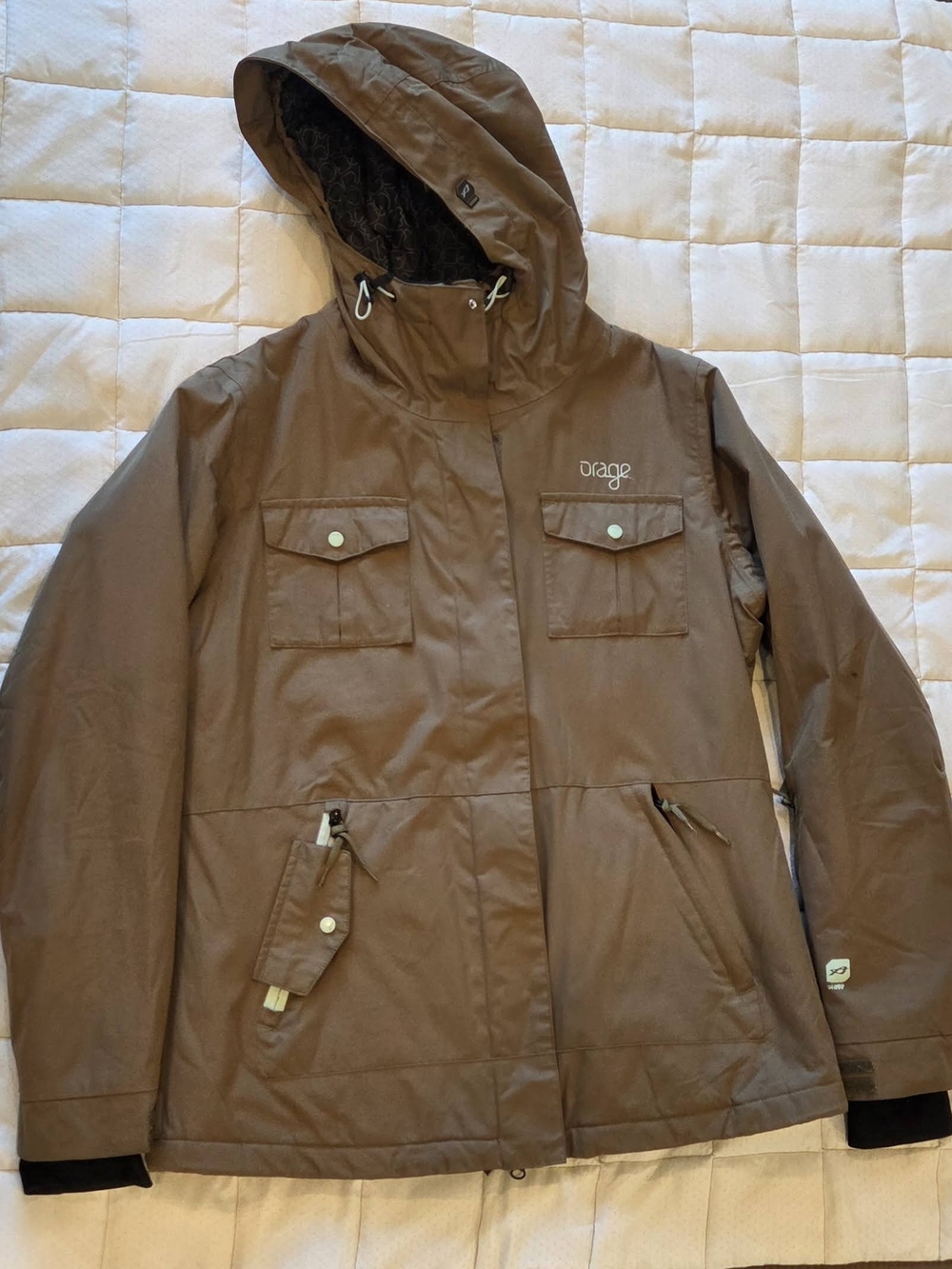 Orage Brown Hooded Ski Jacket with Chest Flap Pockets